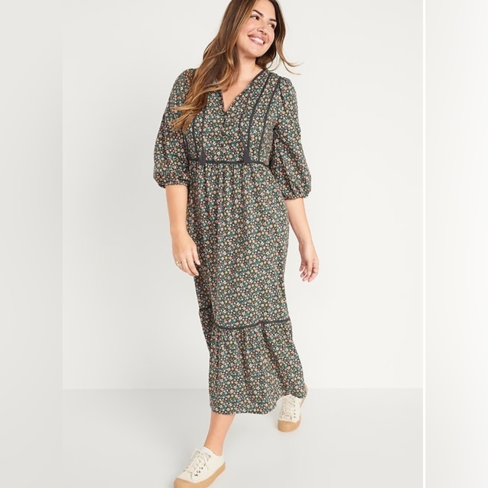 Old Navy Tie Neck 3/4 Sleeve Maxi Swing Dress Floral SIZE SMALL